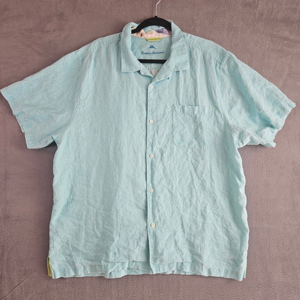 Tommy Bahama  Blue Linen Short Sleeve Button Up Coastal Relaxed Men's XL